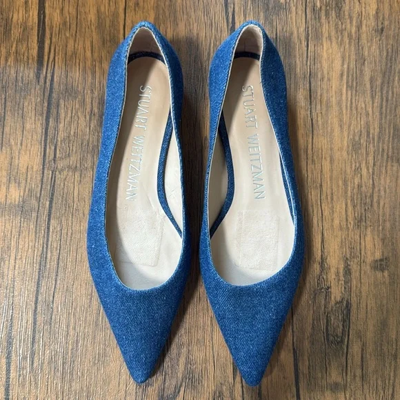 Stuart Weitzman Emilia Pointed Toe Denim Flats - Picture 1 of 4